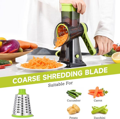 Rotary Cheese Grater with Handle Kitchen Shredder Slicer Grater Slicer Ice Shaver Cheese Vegetable Nuts Potato Zucchini Chocolate 3 Interchangeable Blades (Green TSP) - Image 4