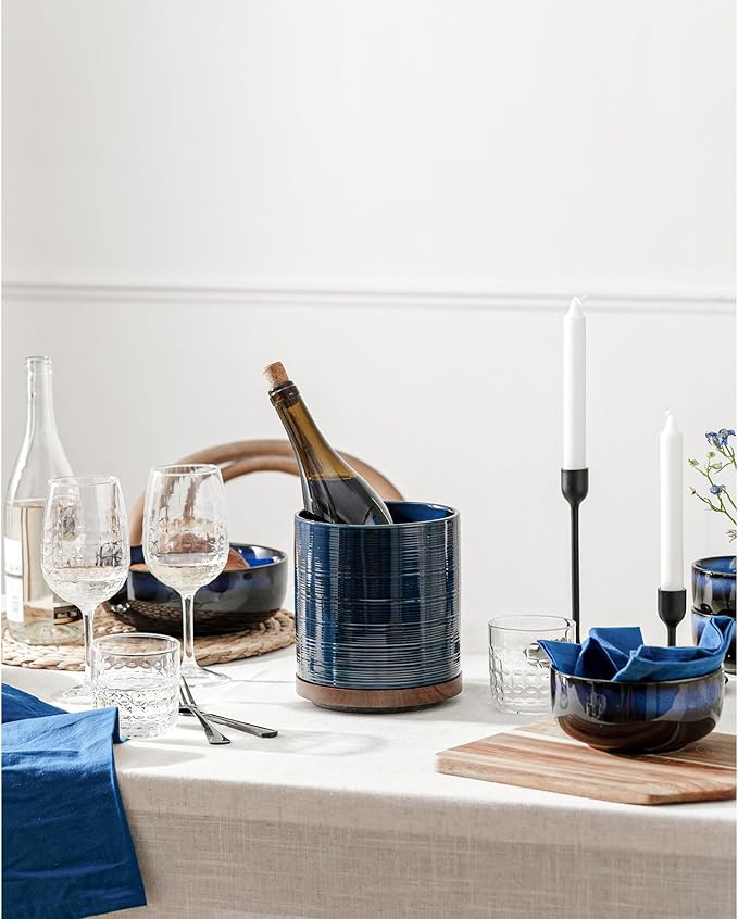 Utensil Holder, 360° Rotating Extra Large Ceramic Kitchen Utensil Holder for Countertop, 7.3“ Cooking Utensil Crocks for Kitchen Counter with Rotatable Wooden Base, Farmhouse Decor, Dark Blue - Image 3