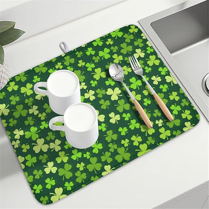 St. Patrick's Day Dish Drying Mat for Kitchen Counter,Irish Green Shamrocks Clover Leaves Drying Mat 18 x 24 Inch with Absorbent Reversible Microfiber Dish Drying Pad for Coffee Bar - Image 8