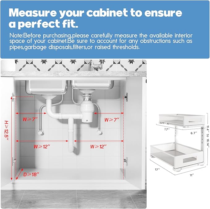 1 Pack 17IN Depth Under Sink Storage Organizer, Large 2-Tier Elegant Mesh Pull Out Shelf for Kitchen and Bathroom Cabinet Organization, L-Shaped and Adjustable Height Design-White - Image 2