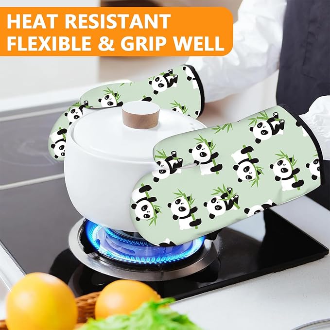 Cute Panda Oven Mitts and Pot Holders Sets 4Pcs,Extra Long Oven Gloves Potholder for Kitchen Cooking Baking BBQ 100% Cotton Heat Resistant - Image 6