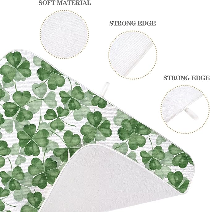 St Patricks Day Dish Drying Mat 18 x 24 inch Dark Green Clover Print Decorative Drying Mats Microfiber Absorbent Shamrock Dish Washable Draining Mat for Kitchen Counter Decor