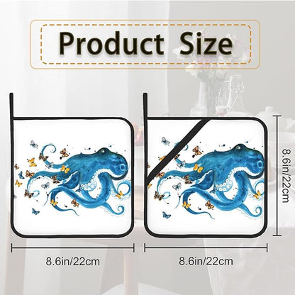 Blue Octopus Butterfly Pot Holder Set of 2,Heat Resistant Potholders Oven Hot Pads for Kitchen Cooking Baking BBQ