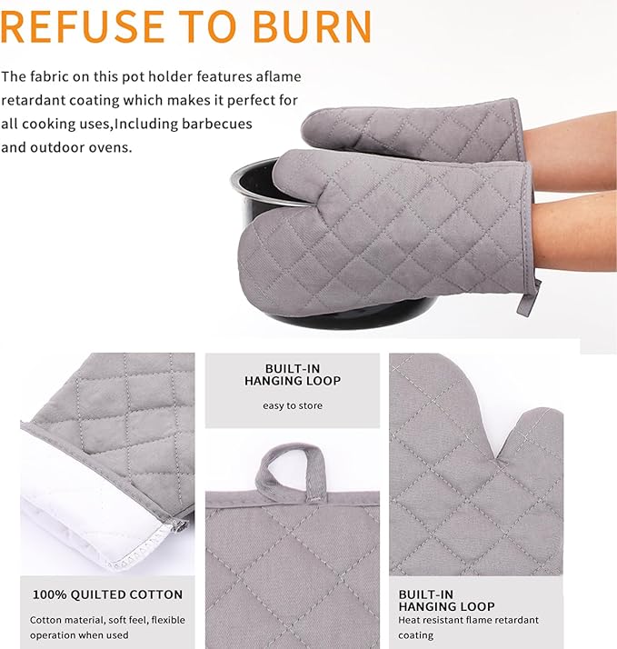 Oven Mitts and Pot Holders Sets,6 Pcs Oven Mitts and Potholders with Recycled Cotton High Heat Resistant Extra Thick Long Oven Mitts for Cooking(Gray) - Image 4