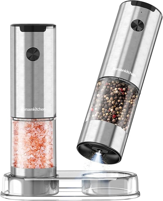 Bonsenkitchen Electric Salt and Pepper Grinder Set, 95ml Large Capacity, Clean Brush, Stainless Steel Adjustable Pepper Mill with LED for Kitchen, BBQ & Camping, Battery Powered (Not Included) by Bonsenkitchen