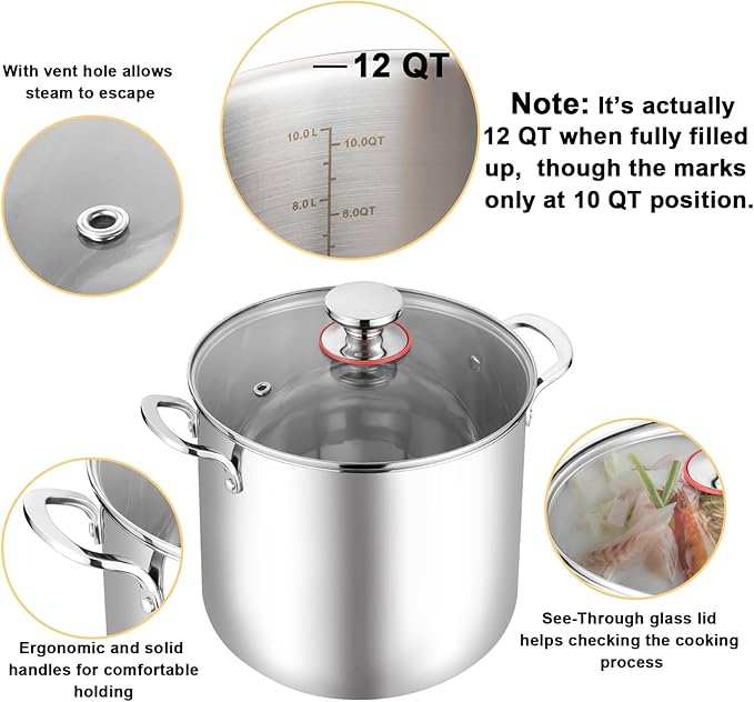 TeamFar 12 Quart Stock Pot, 18/10 Stainless Steel Large Cooking Soup Pot with Lid for Simmering/Stewing, for Induction/Gas/Ceramic, Healthy & Heavy-Duty, Riveted Handles & Dishwasher Safe - Image 3