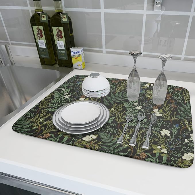Green Plants Dish Drying Mat for Kitchen Counter Microfiber Absorbent Dish Draining Reusable Washable Foldable Extra Large 18"x24" - Image 6