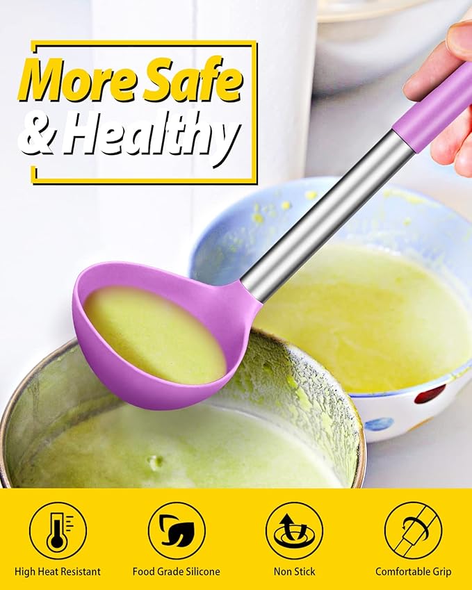 Pack of 2 Ladle Spoon,Silicone Large Spoon for Soup,Non Stick Kitchen Utensils with High Heat Resistant,BPA Free Perfect Kitchen Tools for Cooking, Stirring,Serving Soups (PINK-PURPLE) - Image 4