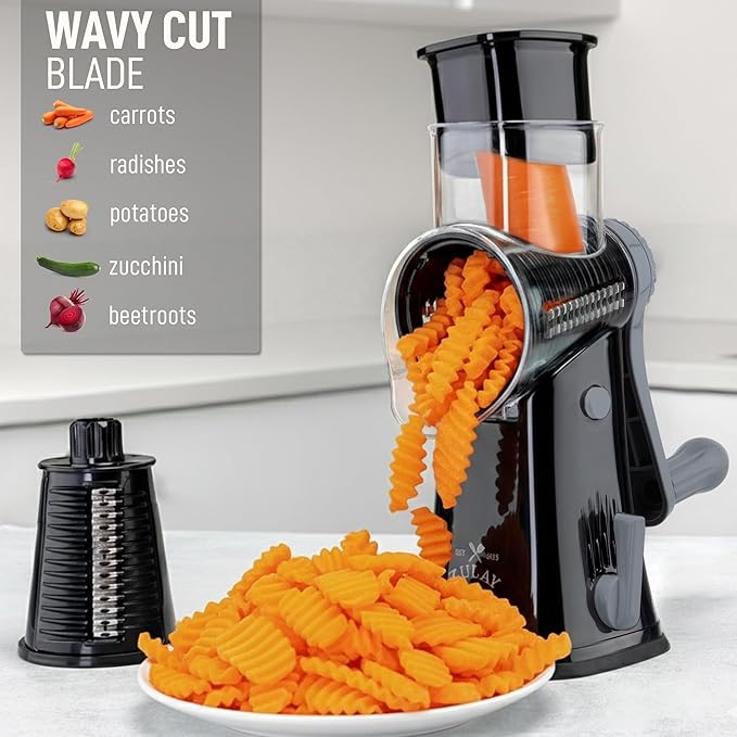 Zulay Kitchen Rotary Cheese Grater 5 Blade Cheese Shredder - Manual Hand Crank Cheese Grater With Reinforced Suction & 5 Interchangeable Drums - Easy to Use, Vegetable Chopper Round Mandoline Slicer - Image 4