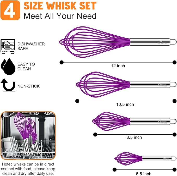 HOTEC 4 Pieces Silicone Whisks Set, Wire Balloon Whisks Egg Beater, Non-slip Handle Whisk for Non-stick Cookware Perfect for Cooking, Stirring, Beating and Blending (Purple) - Image 2