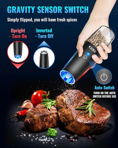 Rechargeable Pepper and Salt Grinder Set, whit Gravity Sensing Switch and LED Light, One Hand Automatic Operation -Black/2 Pack