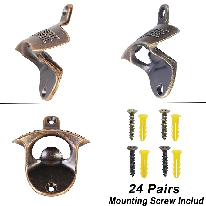 24 PCS Beer Opener Wall Mounted Bulk, Antique Copper Bronze Wall Bottle Opener Mountable for Wood DIY