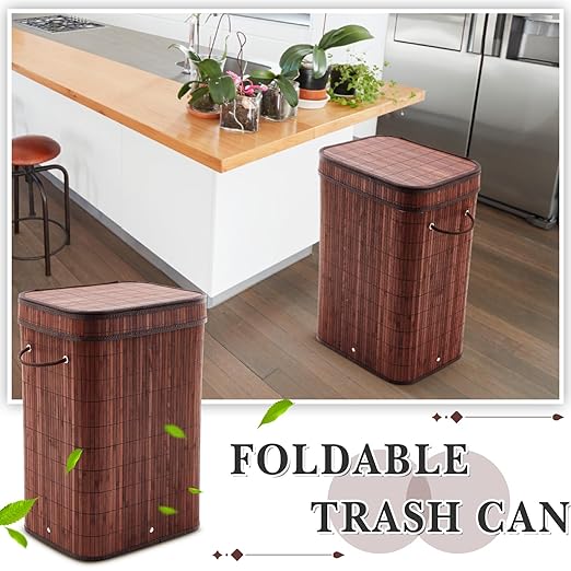 2 Pack 21 Gallon Bamboo Slim Trash Can with Lid Large Foldable Slim Rectangular Garbage Can Bamboo Waste Basket for Bathroom Bedroom Office Home Salon Spa (Brown)