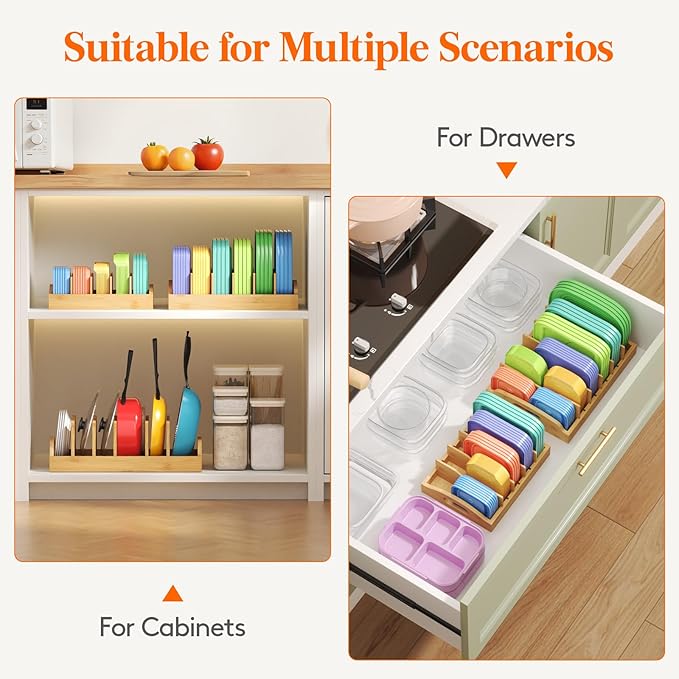 Lifewit Bamboo Lid Organizers for Inside Cabinet, Food Storage Container Lid Holder with 5 adjustable Inserts & 6 Sections, Kitchen Pantry organizer and storage, Large, 13.2" x 10"/34 x 25cm - Image 4