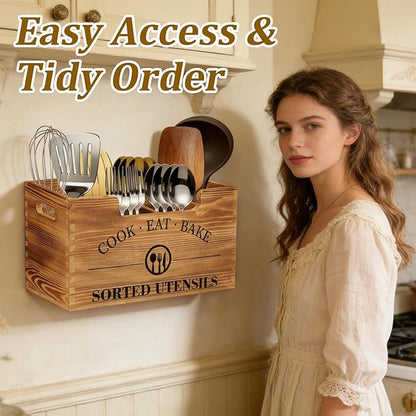 Upgraded Kitchen Utensil Holder for Counter, Extra Large Wooden Utensil Holder with Three Adjustable Combination Designs for Storage Cooking and Silverware - Image 6