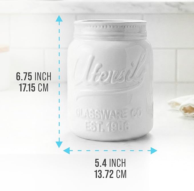 Comfify Wide Mouth Mason Jar Utensil Holder Decorative Kitchenware Organizer Crock - Perfect Cookware Gift - White, Large Size 5.4x6.75 - Image 3