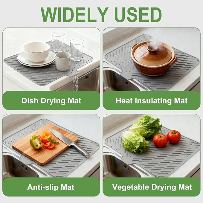 Silicone Drying Mat, 23"X17" With Built-in Drain Lip,Heat-Resistant,Eco-friendly,Hygienic Drying Pad,Leak-Proof and Non-Slip,Silicone Dish Drying Mat for Kitchen Counter or Sink（Gray 23X17） - Image 6