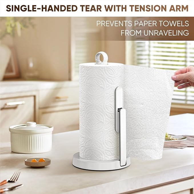 theaoo Heavy-Duty Stainless Steel Paper Towel Holder with Tension Arm – Easy One-Handed Tear, Modern Standing Countertop Dispenser for Kitchen, Holds All Paper Towel Rolls (1, White) - Image 7