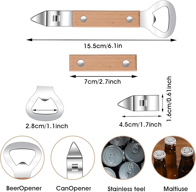 Ouligay 2 Pack Flat Bottle Opener Bartender with Wooden Handle, Can Punch Opener, Stainless Steel Can Opener, Bar Bottle Opener, Dishwasher Safe, Brown - Image 4