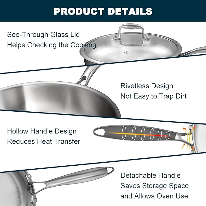 Tri-Ply Stainless Steel Frying Pans Set with Lid, EWFEN 8”/10”/12” Cooking pans, PFOA&PTFE Free Skillet, Induction Cooking Pan, Dishwasher and Oven Safe, Fast & Even Heat, Suitable for All Stove - Image 5