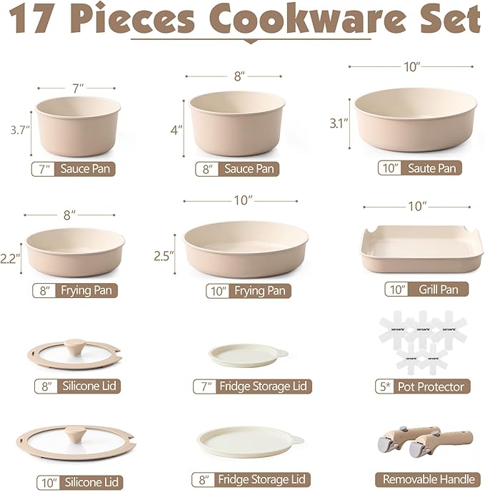 SENSARTE 17 Piece Ceramic Pots and Pans Set, Nonstick Detachable Handle Cookware, Induction Kitchen Cookware Set with Removable Handle, Dishwasher ＆ Oven Safe (Almond Beige) - Image 2