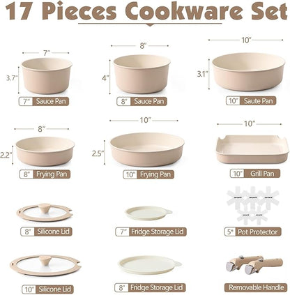 SENSARTE 17 Piece Ceramic Pots and Pans Set, Nonstick Detachable Handle Cookware, Induction Kitchen Cookware Set with Removable Handle, Dishwasher ＆ Oven Safe (Almond Beige) - Image 2