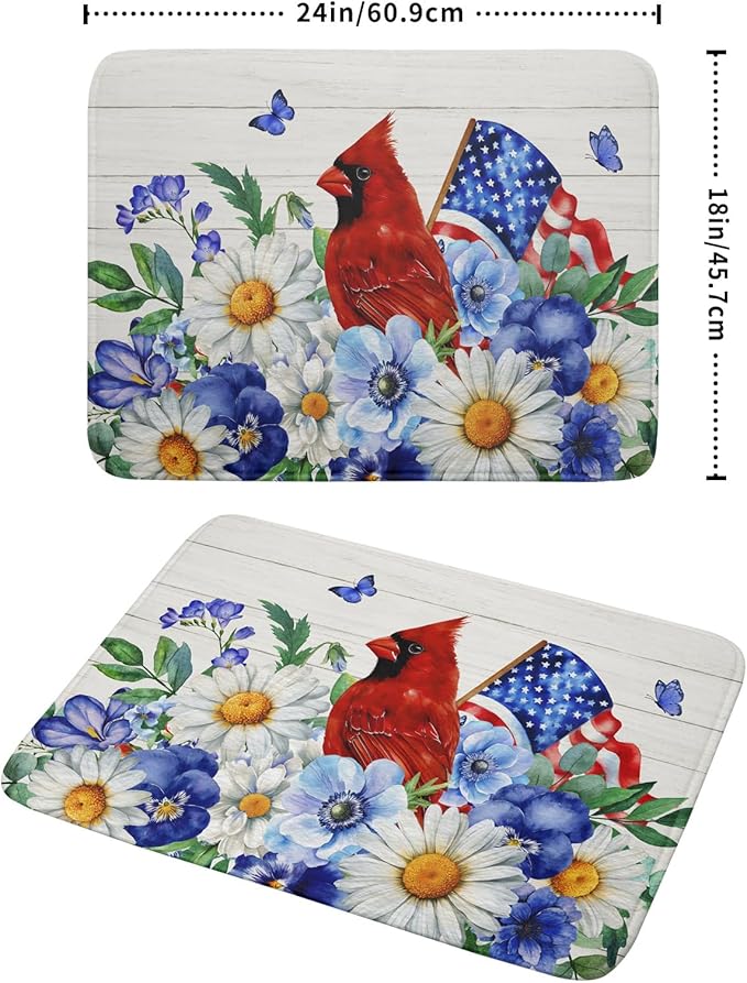 4th of July Dish Drying Mat for Kitchen Counter Cardinal Patriotic Flowers Microfiber Absorbent Dish Draining Reusable Washable Foldable Extra Large 18"x24" - Image 2