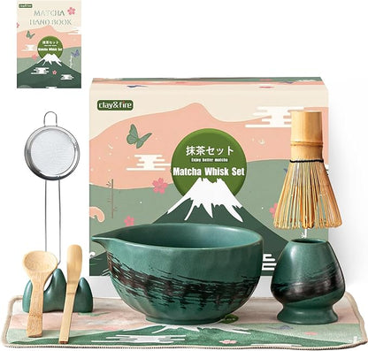Clay&Fire Matcha Whisk Set，9 Pcs Ceramic Matcha Set, 15 OZ Matcha Bowl with Spout and Whisk，Matcha Kit for Friend, Ideal Gift for Matcha Lover（Dark Green） by FocusonMatchaWhiskSet