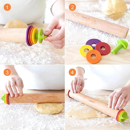 Rolling Pin with Thickness Rings and Pastry Baking Mat, 13.6" Adjustable Wooden Rolling Pin Dough Roller for Baking Cookie Pizza, Comes with Large Silicone Pastry Mat, Kitchen Baking Tools - Image 5