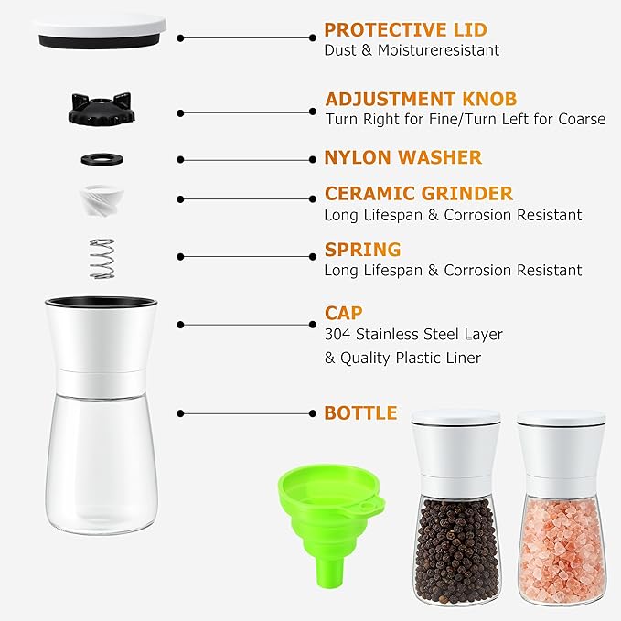 R DRURLCD White Salt and Pepper Grinder Set of 2, Manual Ceramic Spice Mills with Stainless Steel & Glass Body, Adjustable Grinding for Kitchen Decor & Gifts