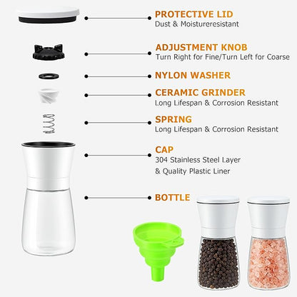 R DRURLCD White Salt and Pepper Grinder Set of 2, Manual Ceramic Spice Mills with Stainless Steel & Glass Body, Adjustable Grinding for Kitchen Decor & Gifts