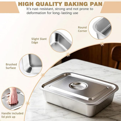 9.2QT Stainless Steel Lasagna Pan with Lid, 4 Inch Deep Baking Dish with Lid – 15.6"x11.6"x4" Nonstick Casserole Dish Oven Safe to 500°F, Food-Grade Deep Baking Pan for Lasagna, Roasts, Family Cooking