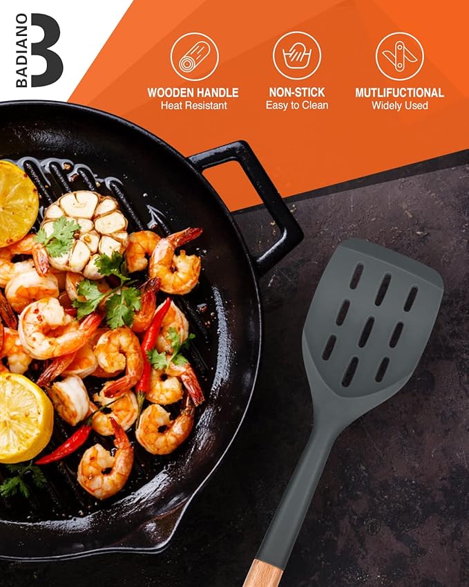 Pack of 2 Silicone Spatula, Non Stick Cooking Utensil Set Wooden Handle Kitchen Turner for Baking Mixing Grilling Serving Food Heat Resistant Non Scratch Hooks Included (Grey) - Image 7