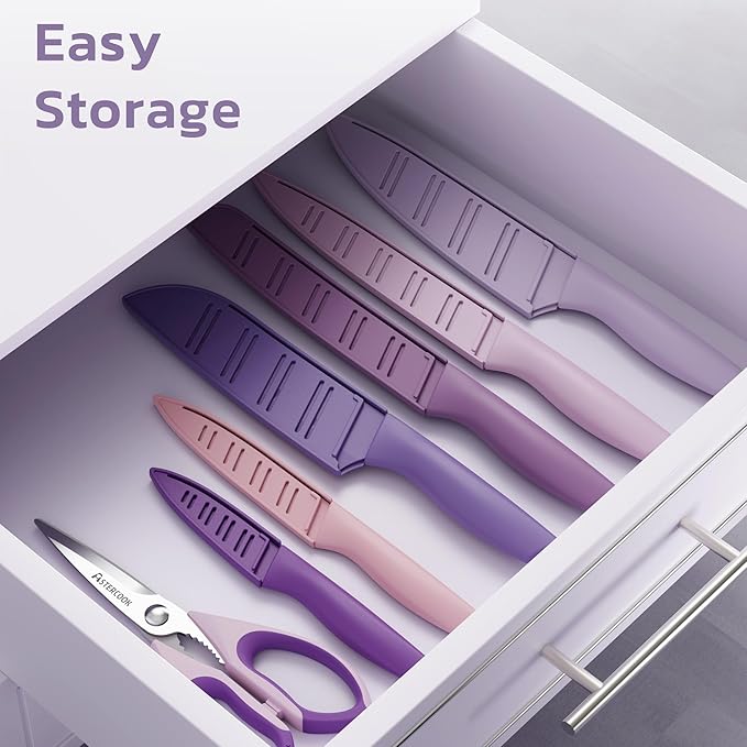 Astercook Knife Set, 13 Pieces Kitchen Knives Set with Healthy Anti-Rust Coating, Dishwasher Safe, Stainless Steel Chef Knife Sets with 6 Blade Guards, Perfect Mothers Day Gifts for Kitchen Purple - Image 7