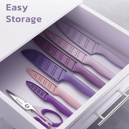 Astercook Knife Set, 13 Pieces Kitchen Knives Set with Healthy Anti-Rust Coating, Dishwasher Safe, Stainless Steel Chef Knife Sets with 6 Blade Guards, Perfect Mothers Day Gifts for Kitchen Purple - Image 7