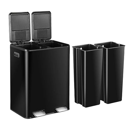 SUPER DEAL Kitchen Trash Can, 16 Gallon 60L Dual Garbage and Recycling Can with Foot Pedal for Kitchen, Living Room, Office, Removable Inner Buckets Soft Close Lid Odor Proof, Stainless Steel, Black