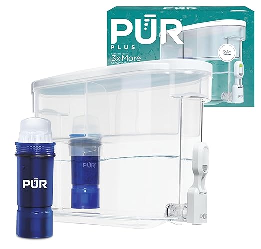 PUR PLUS 30-Cup Water Filter Dispenser with 1 Lead-Reducing PUR PLUS Filter, Dishwasher Safe, Powerful Filtration, Large Capacity with Slim, Space-Saving Design, White (DS1811Z) by PUR