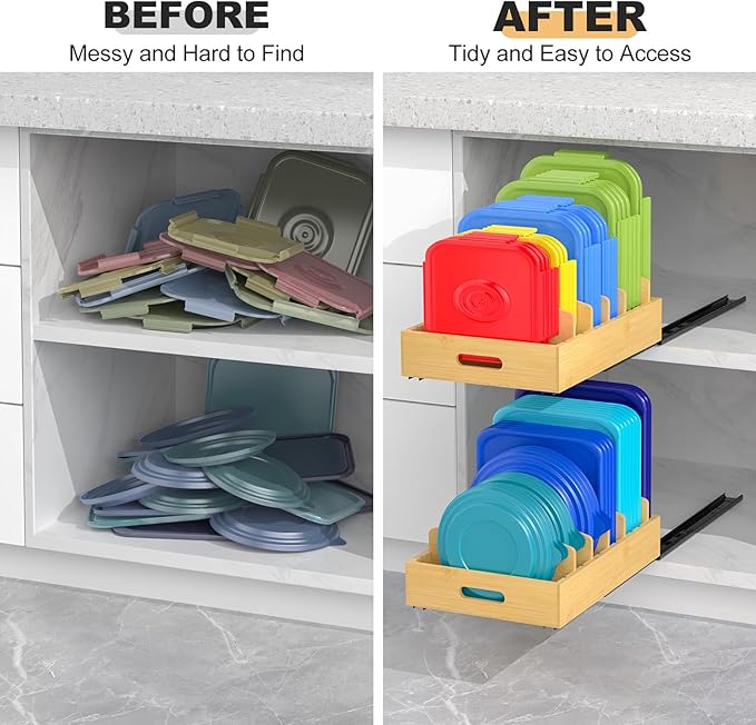 Housolution Pull Out Food Container Lid Organizer with Sliding Rail, Slide Out Plastic Lid Holder Compatible with Tupperware, Bamboo Storage Box with 5 Adjustable Dividers for Kitchen Cabinet, 2 Pack - Image 3