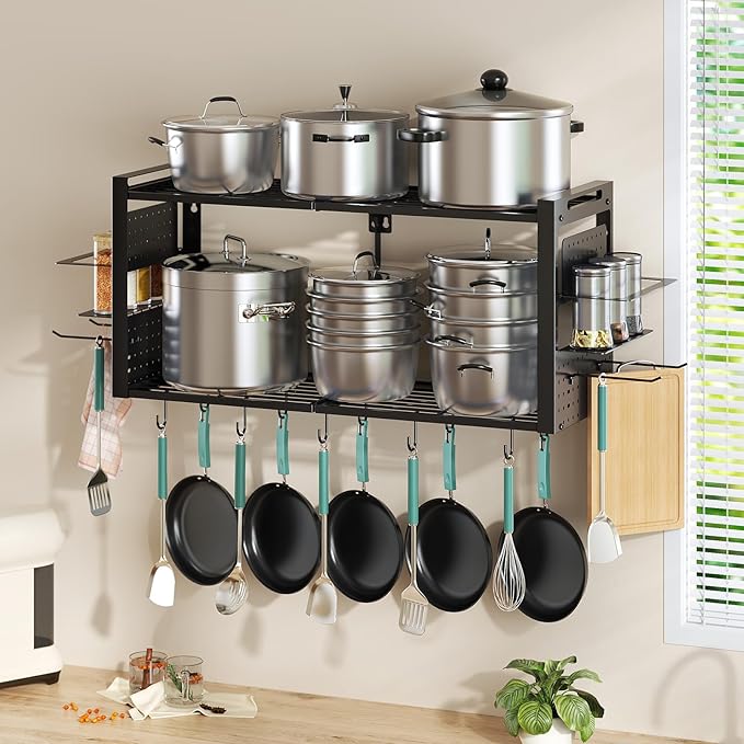 31 Inch Pot Rack Wall Mounted, 2-Tier Pots and Pans Organizer with 20 Hooks & Pan Organizer and Spice Rack, Heavy Duty Hanging Pot Hanger for Kitchen Cookware, Utensils, Black - Image 3