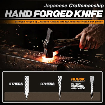 Huusk Meat Cleaver Knife Japanese Kitchen Knife 6.4 Inch, Hand Forged Butcher Knife for Meat Cutting, Vegetable Chopping Knife High Carbon Steel Damascus Pattern Chef Knife Cooking Gift Idea