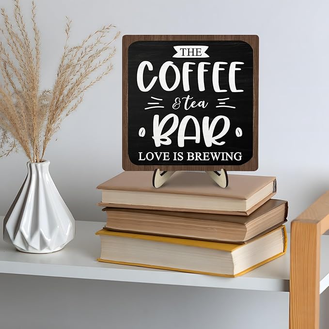 Coffee Bar Decor Sign, Rustic Wooden Plaque for Coffee Lovers, Farmhouse Shelf Accent, Gift for Espresso Fans, Kitchen or Café Desk Display, 5.9 x 5.9Inch(Black+Brown) - Image 8