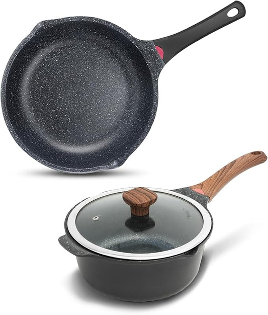 Vinchef Nonstick Sauce Pan & Skillet with Lids, 4QT Sauce Pot & 12.5 IN Deep Fry Pan, Dishwasher Safe,Induction Compatible, Scratch/Stain Resistant, PFAS-Free, Black
