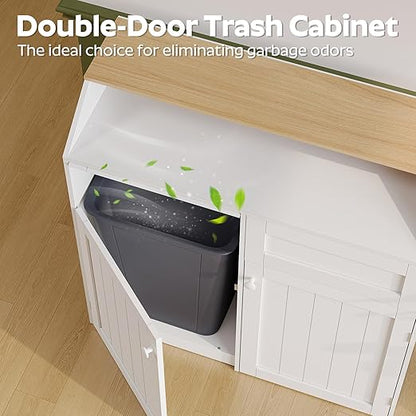 YATINEY Double Trash Cabinet, 20 Gallon Freestanding Trash Can Cabinet, Wooden Recycling with Flip Door, Hidden Kitchen Garbage Can, Laundry, for Kitchen, Living Room, White WB12WT