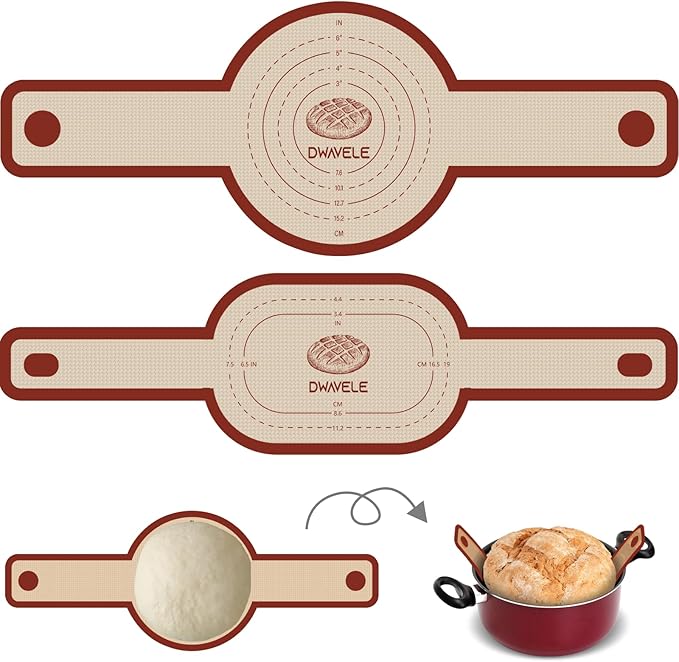 Silicone Bread Sling for Dutch Oven, Non-Stick & Easy to Clean Bread Baking Mat Set, 2 Pcs Reusable Bread Sling with Long Handle to Transfer Sourdough (Red, Oval and Round) by Dwavele