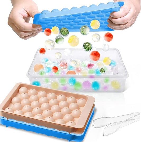 2 Pack Ice Cube Tray with Lid and Bin,Round Ice Cube Trays for Freezer, BPA-Free Circle Mini Ice Maker for Whiskey Cocktail Soda,Home & Bar Use