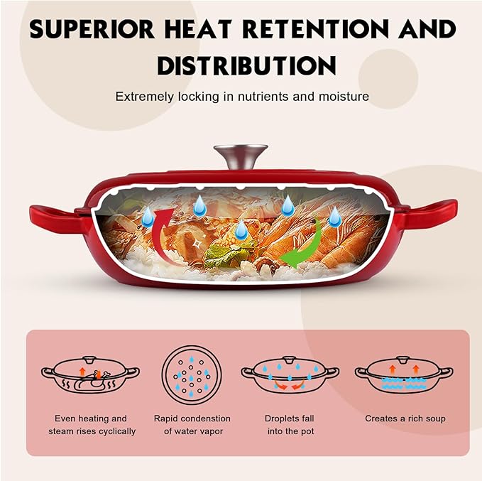 Overmont Enameled Cast Iron Dutch Oven - 3.8 Quart Dutch Oven Pot with Lid - Shallow Cookware Braising Pan - Cast Iron Casserole with Cookbook & Heat-Resistant Caps - Oven Safe up to 500° F Red