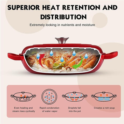 Overmont Enameled Cast Iron Dutch Oven - 3.8 Quart Dutch Oven Pot with Lid - Shallow Cookware Braising Pan - Cast Iron Casserole with Cookbook & Heat-Resistant Caps - Oven Safe up to 500° F Red