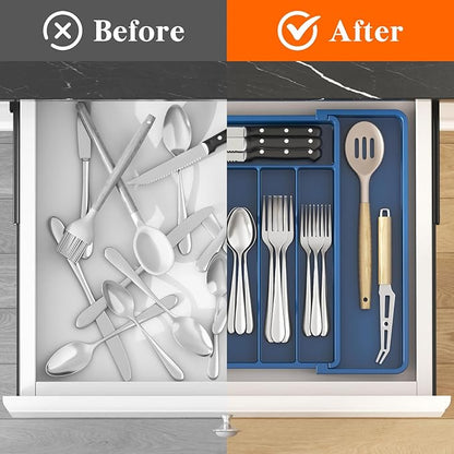 Lifewit Silverware Drawer Organizer, Expandable Utensil Tray for Kitchen, BPA Free Flatware and Cutlery Holder, Adjustable Plastic Storage for Spoons Forks Knives, 10.9"-17.5" x 13.7", Dark Blue - Image 5