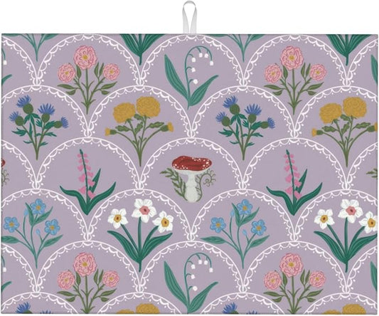 Vintage Flowers Dish Drying Mat 18x24 Inch, Microfiber Absorbent Fast Dry Mat Mushroom Floral Large Dish Mat Drying Kitchen Mat, Kitchen Drying Pad for Kitchen Counter Coffee Bar Decor Gifts