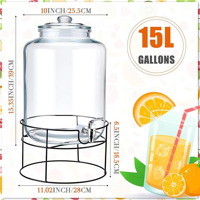 Honeydak 1 Pack 4 Gallon Glass Beverage Dispenser with Stand and Spigot Leakproof Glass Drink Beverage Storage for Valentine's Parties Mason Jar Dispenser with Lids